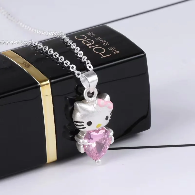 Kawaii Necklace HelloKittys Cartoon Fashion Vintage Hollow Pink Crystal Pendant Girl Silver Color Chain Neck Bow Tie Women Gift