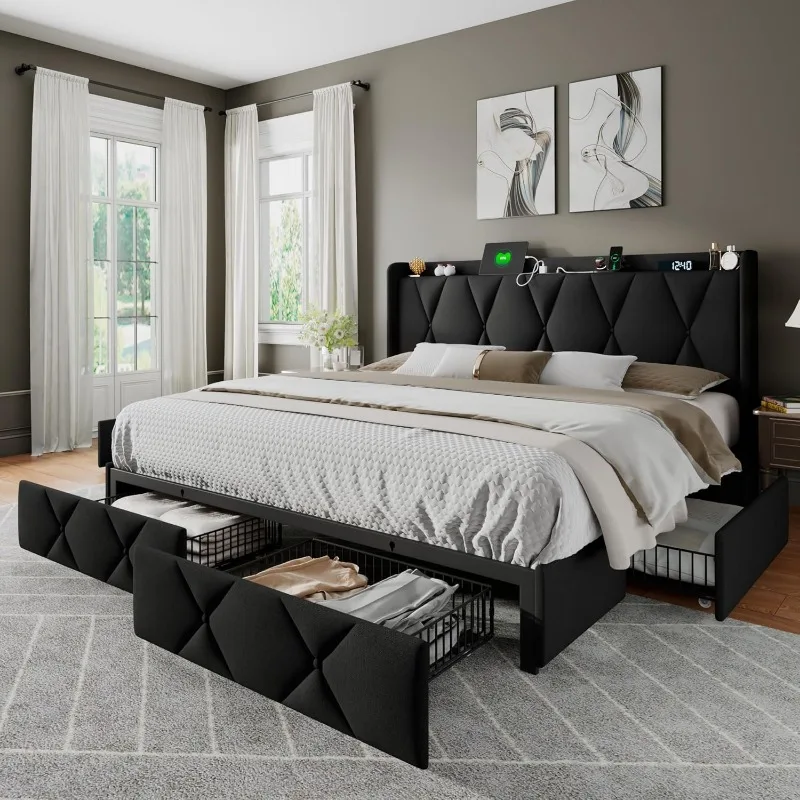 

King Size Bed Frame With 4 Storage Drawers, Upholstered Platform Bed With Charging Station, Wingback Storage Headboard