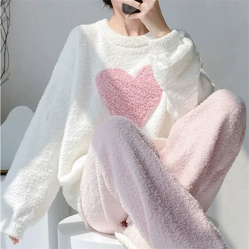 Spring Autumn Women's Warm Pajama Set Fashion Casual Coral Fleece Sleepwear 2PCS Female Pullover Flannel Velvet Homewear Suits