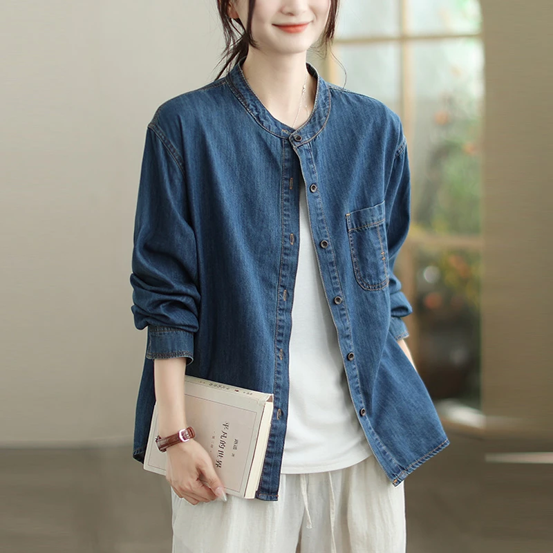 

Women Long Sleeve Casual Shirt New Arrival 2025 Autumn Vintage Style Stand Collar Looose Female Cotton Denim Tops Shirts T712