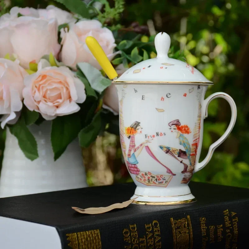 

Кружка из костяного фарфора, креативная милая керамическая чашка большой емкости для девочек, индивидуальная высококачественная чашка для воды с крышкой, кофейная кружка, кофейные чашки B3