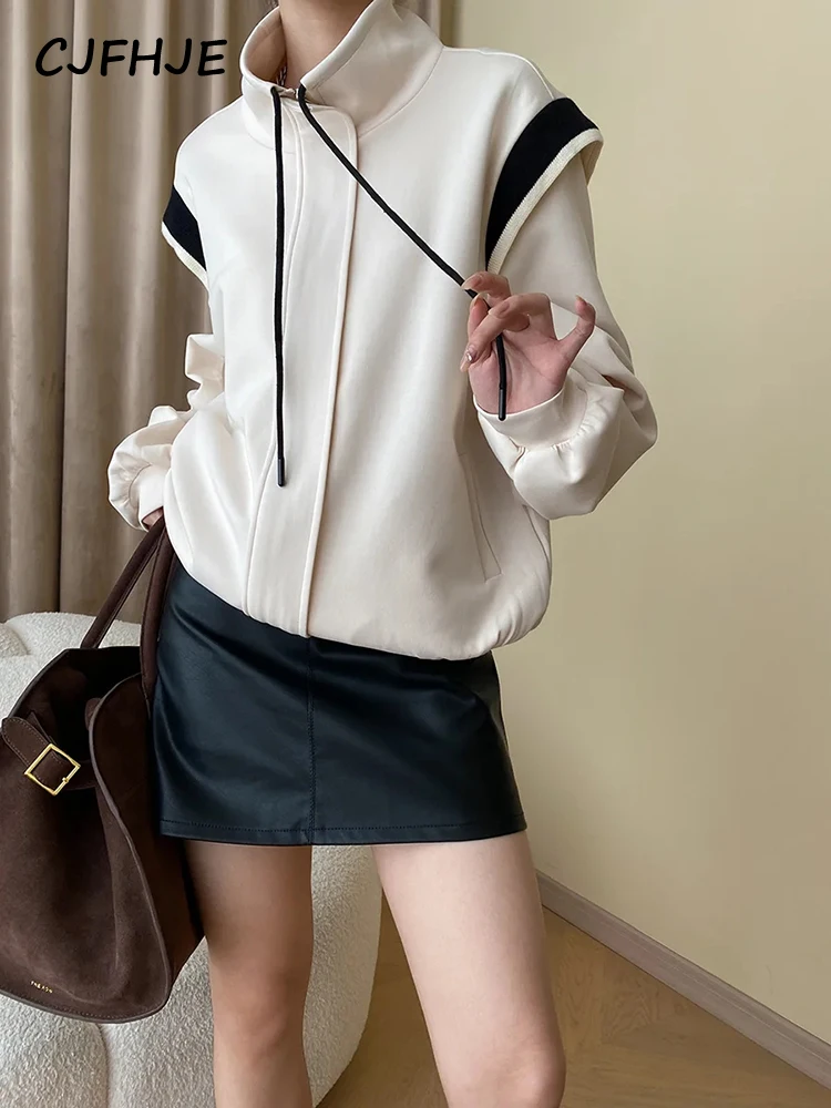 CJFHJE Beige Fake Two-piece American Style Jackets Women Drawstring Stand Collar Casual Loose Baseball Jacket Female Black Coats