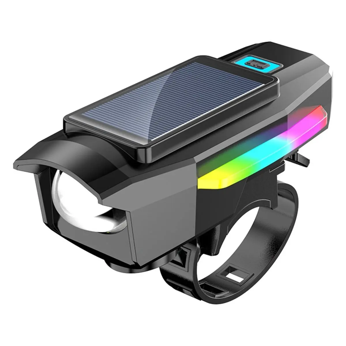 Farol solar de bicicleta recarregável USB luz frontal solar com buzina acessórios de bicicleta à prova d'água