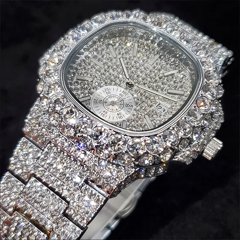 Trending Luxury Wristwatch For Men High Quality Inlay Diamond Sparkly Watches Bling Iced Out Stainless Steel Clock Best Selling