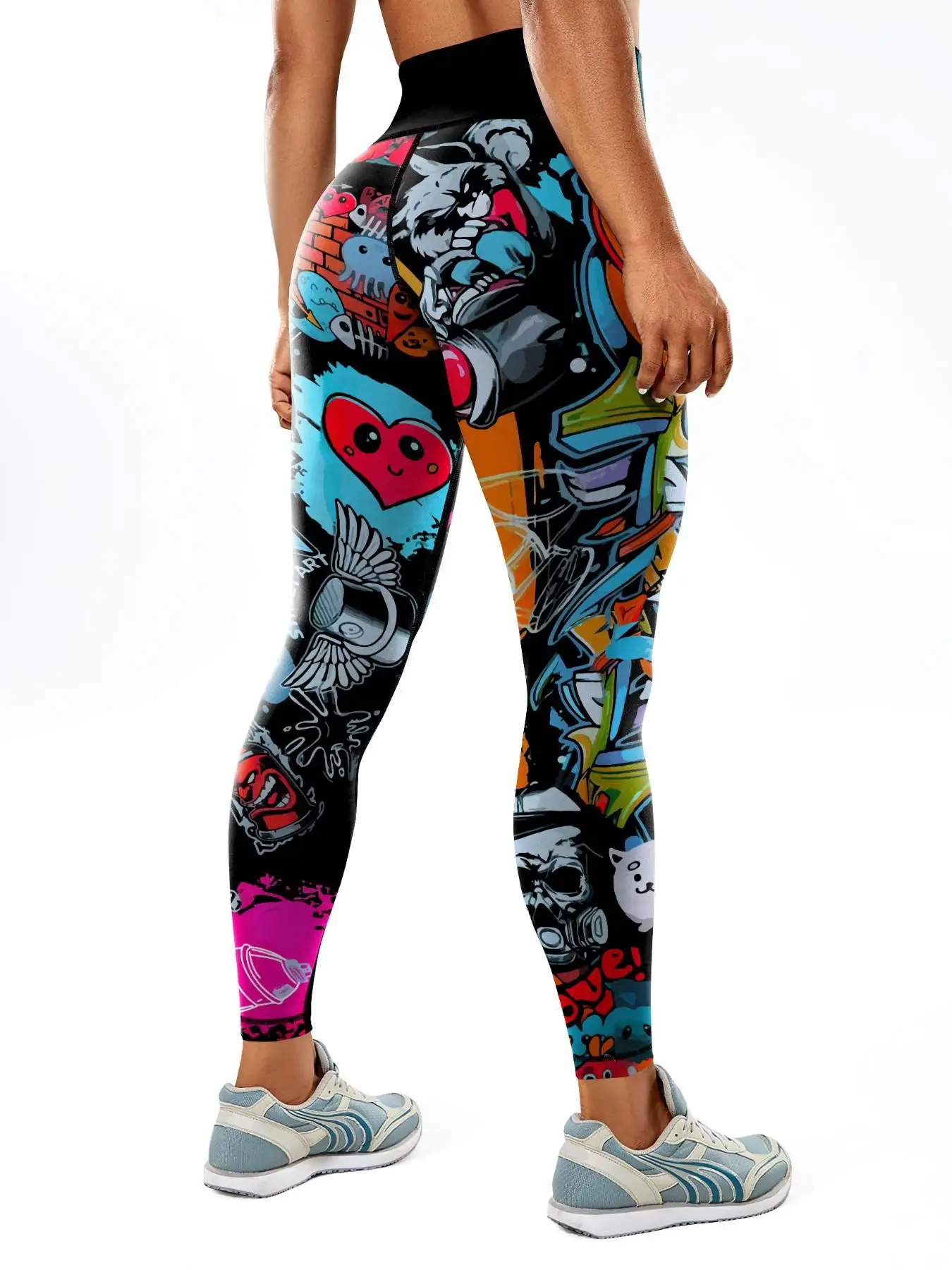Plus-size women’s quirky, playful rock-style digital print leggings; stylish, unique high-waisted fitness leggings for everyday