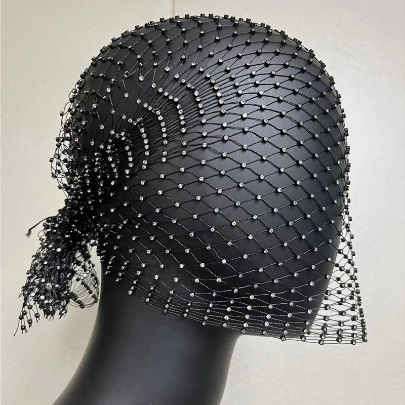 Black Hollowed Out Headwrap Girl Hair Accessories Rhinestone Headband Bling Turban Women Hair Scarf Mesh Head Scarf Cap
