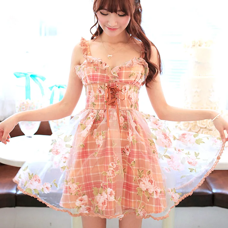 

Japan Liz Lisa Organza Cotton Lace Plaid Spaghetti Strap Ribbon Suspenders Mini Dress