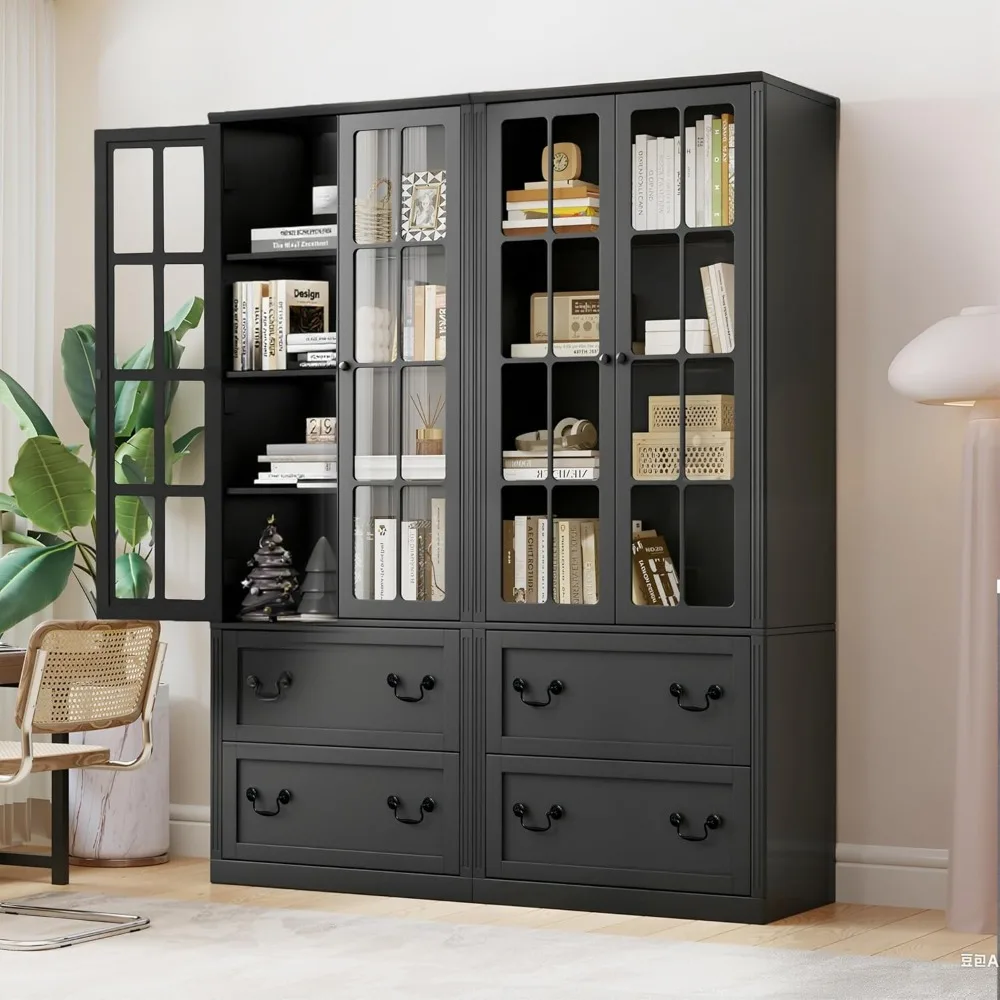 Estante alta elegante de 4 prateleiras com portas de vidro e gavetas de armazenamento para organização de grande capacidade