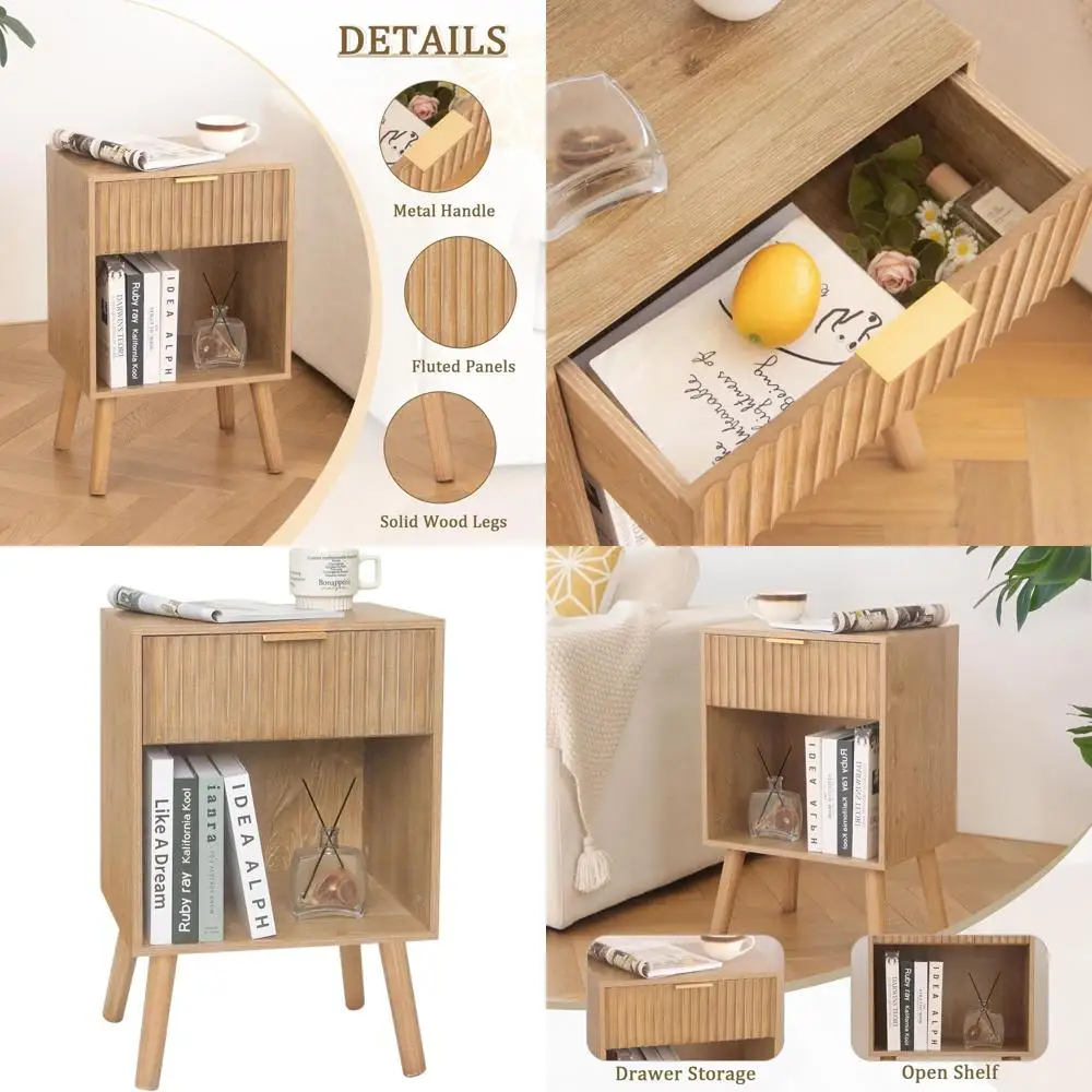 

Mid-Century Fluted Nightstand with Drawer, Storage-Friendly for Small Spaces, Rustic Walnut Finish