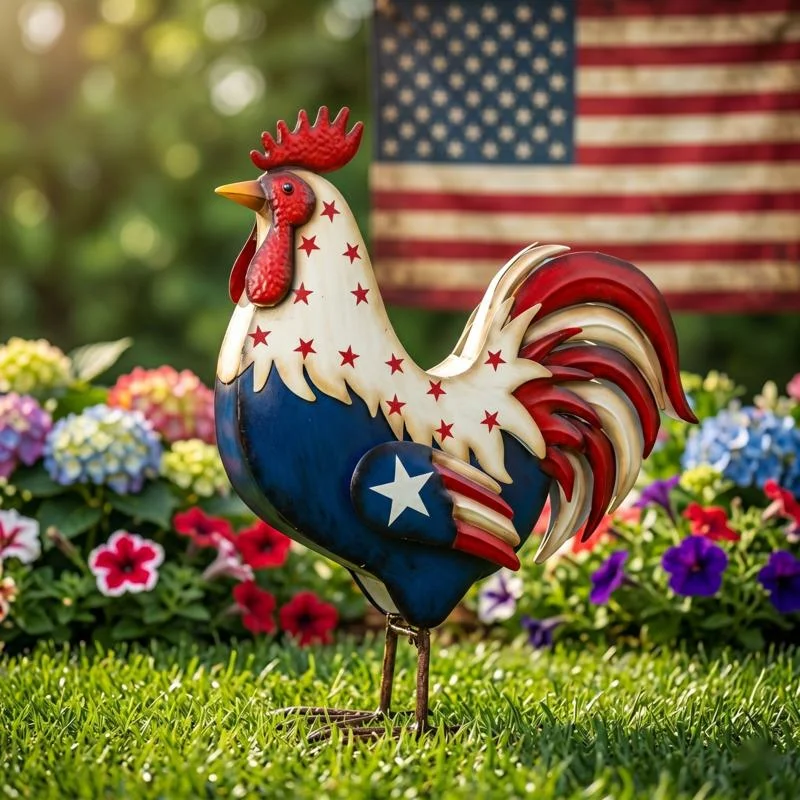 

Metal Patriotic Rooster Statue Outdoor Garden Lawn Stake Ornament USA Patio Accent For 4th Of July Celebration Home Decor