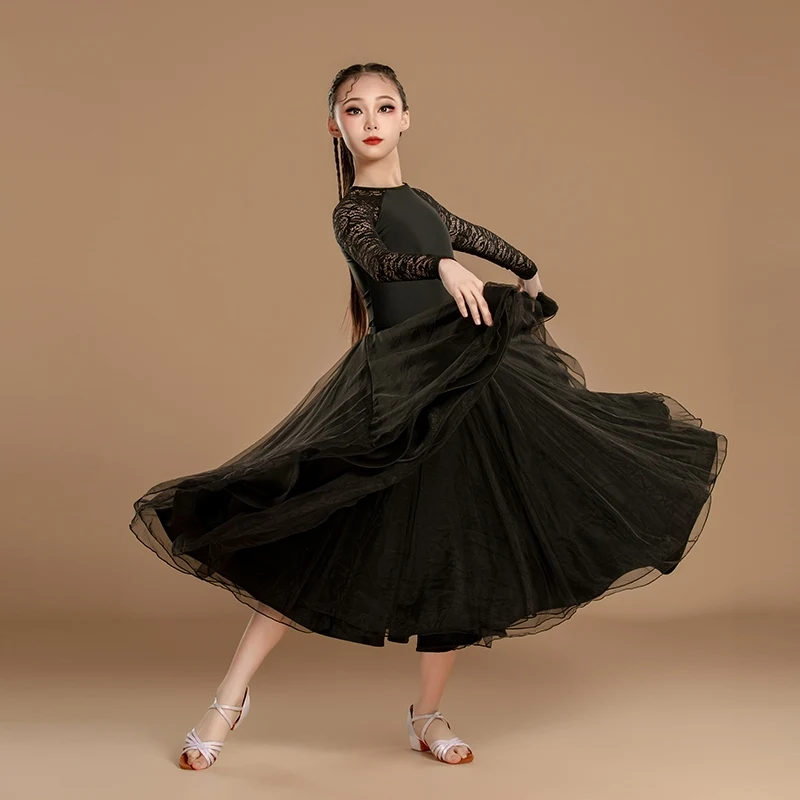 2025 ใหม่มาตรฐานแห่งชาติเต้นรําเสื้อผ้าสําหรับสาวลูกไม้สีดําบอดี้สูท Big Swing กระโปรงบอลรูมเต้นรําเครื่องแต่งกาย DN20360
