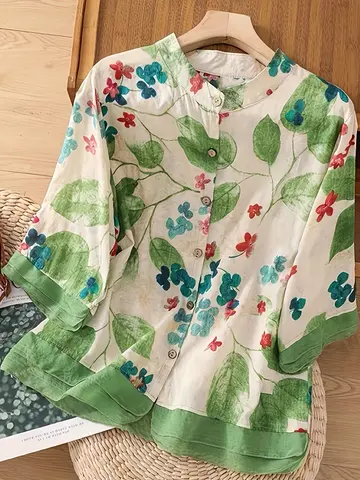 Camicia da donna con maniche a tre quarti stampata cardigan sottile Top patchwork personalizzato retrò