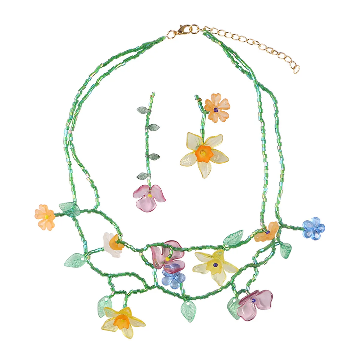 ZAA Multi-color Resin Flower Leaf Beaded Necklaces Mismatched Pastoral Cute Earrings Necklaces Set Elegant Decoration Party Gift
