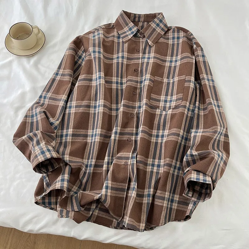 

Loose Long Sve Plaid irt Coffee Color Versatile Retro Sle Women's Casual irt Cotton Material Autumn New Arrival