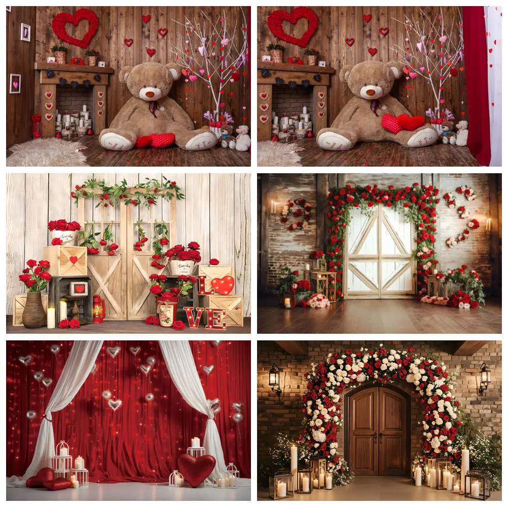 

Valentine's Day Photography Backdrops Red Rose Flower Shop Love Heart Brick Wall Wedding Portrait Background Photo Studio Props