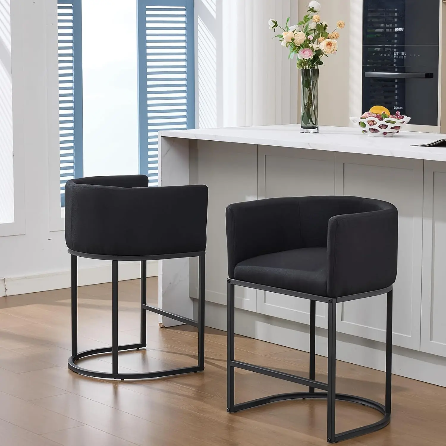 Modern Counter Height Bar Stools Set of 2 25" H Barrel Design with Backrest Metal Frame Kitchen Dining Stool, Customized