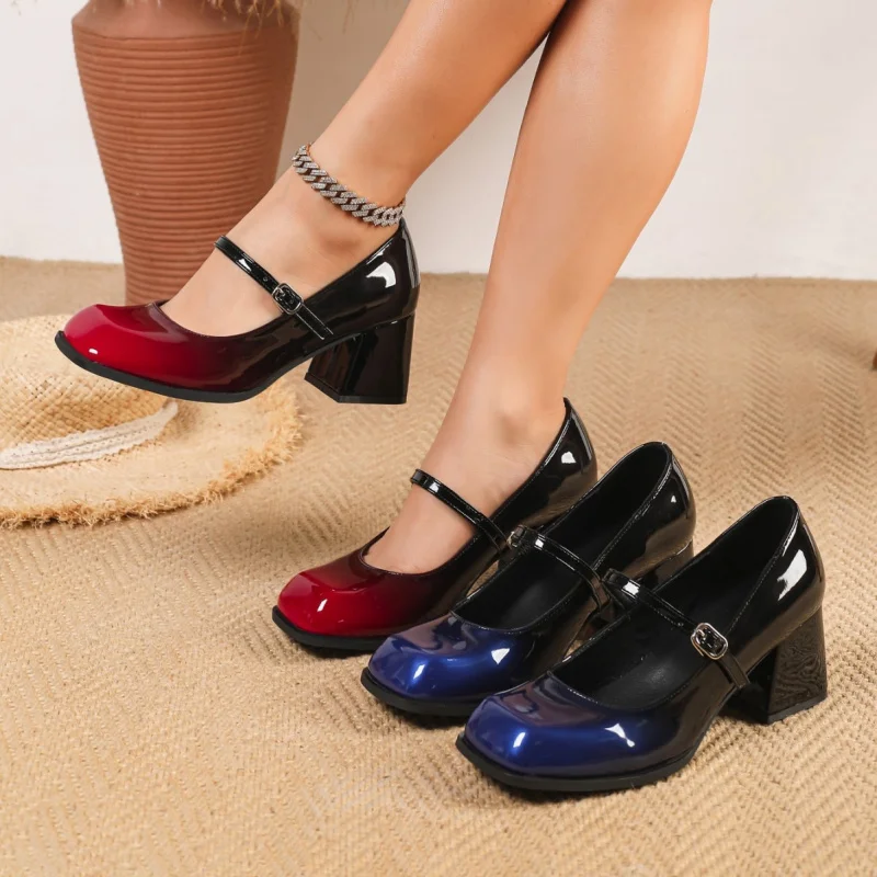 

Comfortable square-toed women's shoes with chunky heels and gradient colors