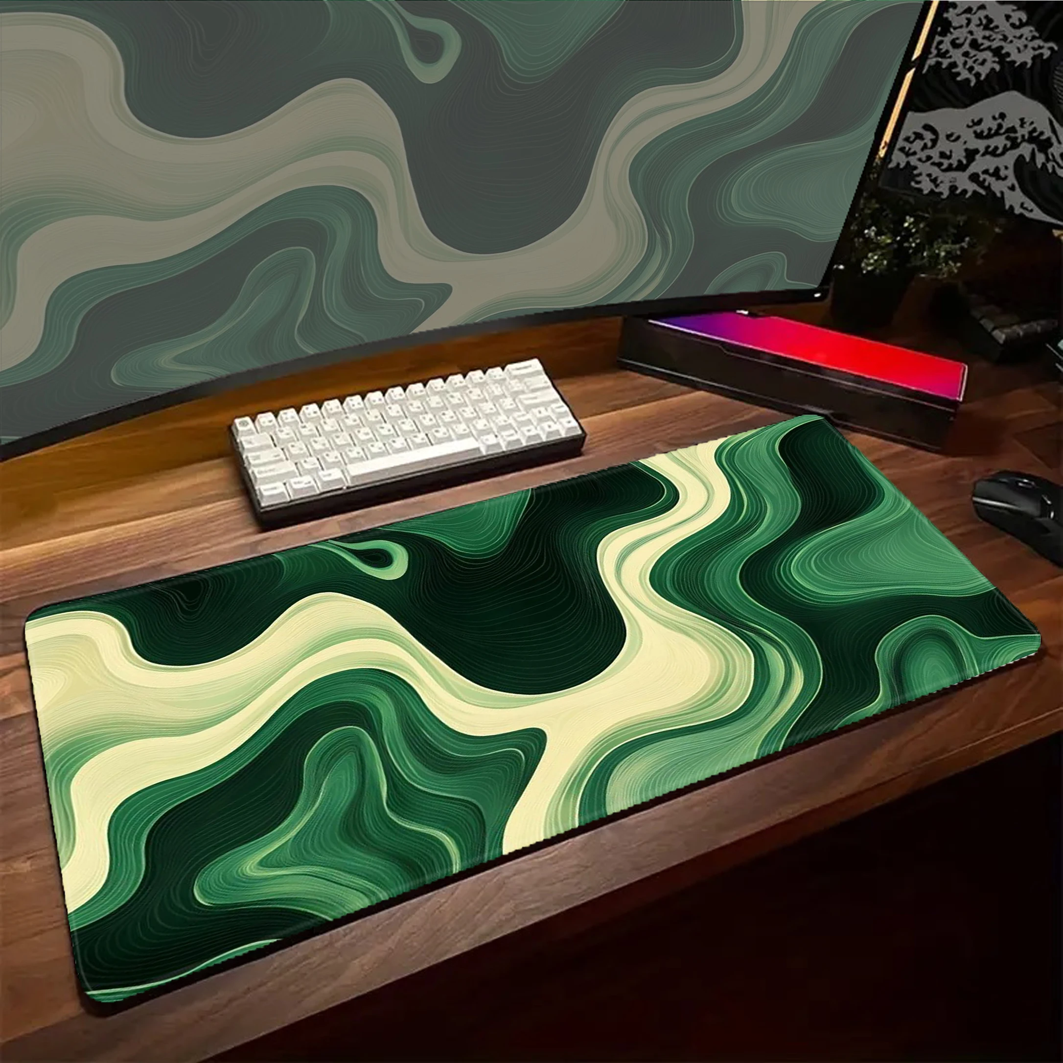 

Green and Beige Abstract Mousepad Gaming Speed Keyboard Pads Mouse Pad XXL Rubber Carpet Locked Edge Mouse Mat 900x400mm