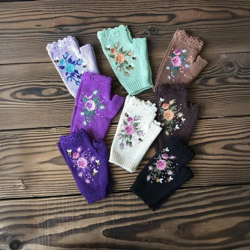 Bienen-Stickerei, niedliche Fingerlose Handschuhe, Vintage, elastische, gestrickte Halbfingerhandschuhe für Winter, Lesen, Schreiben, Studenten – Detail 18