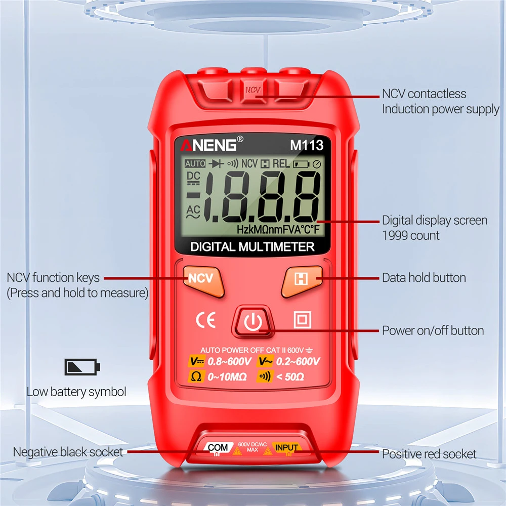 Imagem -03 - Mini Multímetro Digital ac Medidor de Tensão dc 1999 Contagens Multimetro Ohm Ncv Ferramentas Eletricidade Instrumentos de Medição Aneng-m113