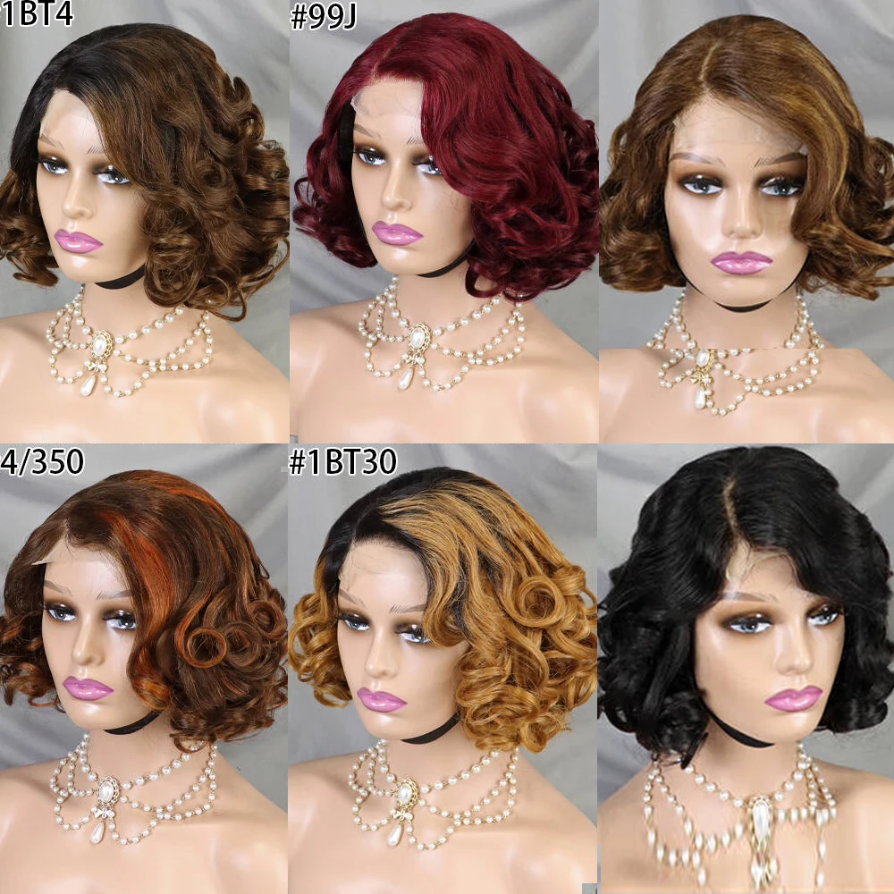 

12 inch 4x4 Lace Front Wig 100% Human Hair Bob Wigs Pre-Plucked Transparent Lace Bouncy Curl Black Highlight Burgundy Blonde