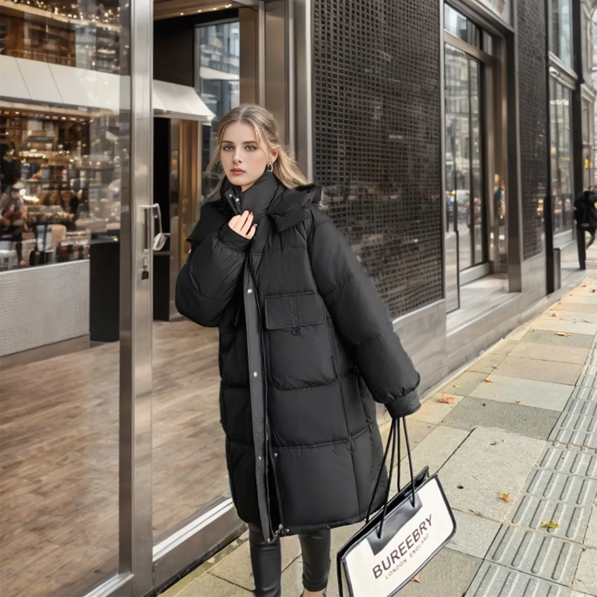 Parkas com capuz monocromático feminino, grosso, quente, longo, jaqueta de algodão, cordão na cintura, casaco feminino, inverno, 2022