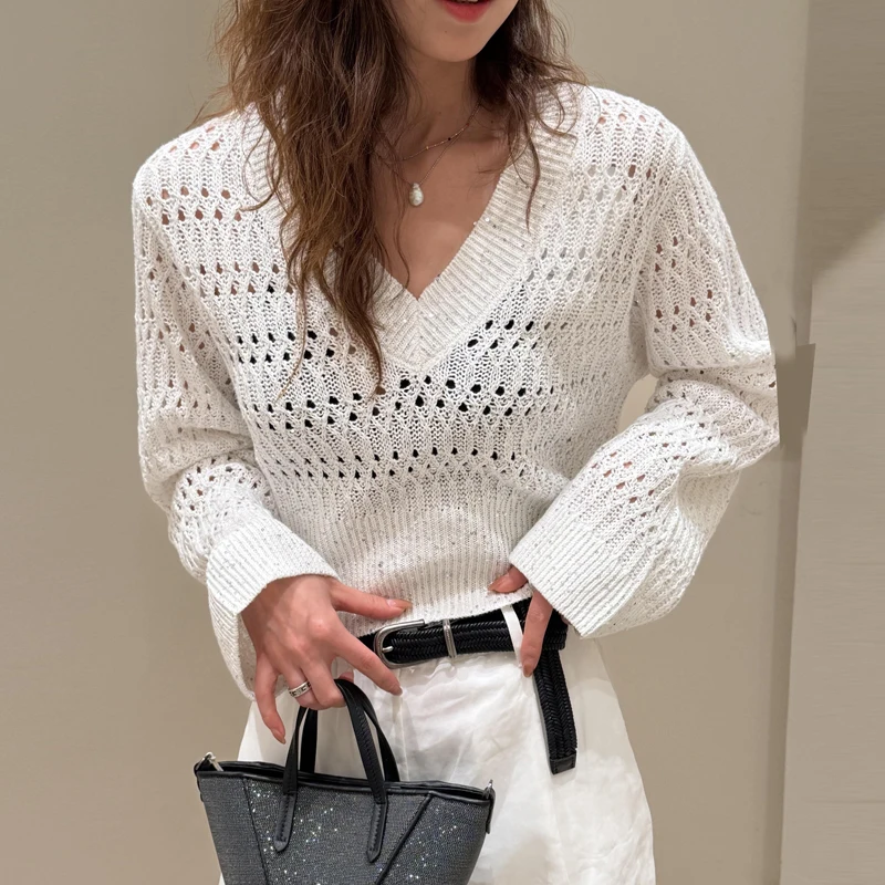 

Heavyweight Linen Knitwear iny Sequin Silk Casual Loose Fit Long Sve V-Ne Traditional Sle Women's Faion