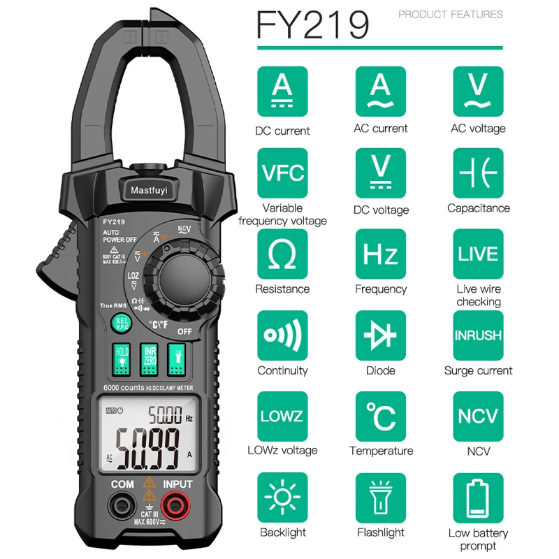 FY219 Clamp Meter High Precision Digital Ammeter Universal Auto Multimeter True RMS AC DC 600V 600A Flashlight Diode NVC