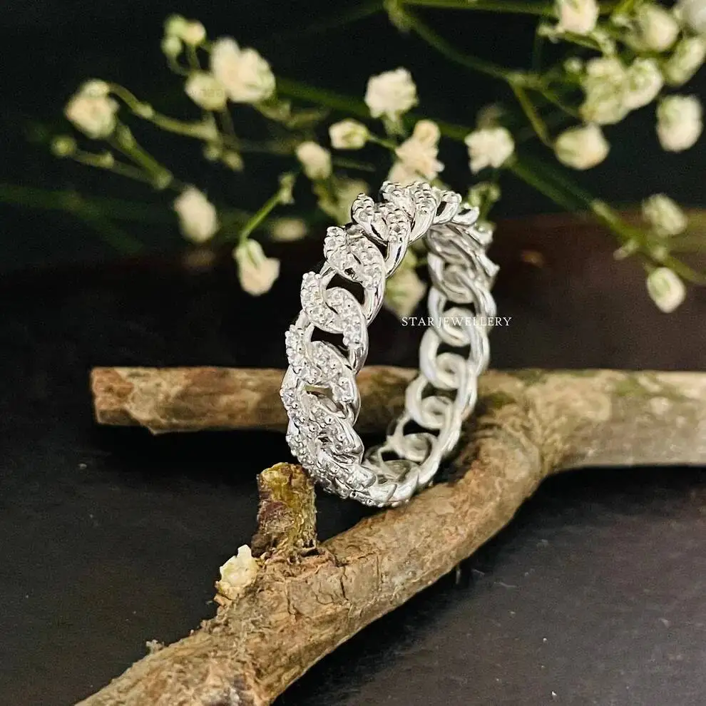 14K Solid Gold Diamond Cuban Link Luxury Designer Ring for Women's Anniversary