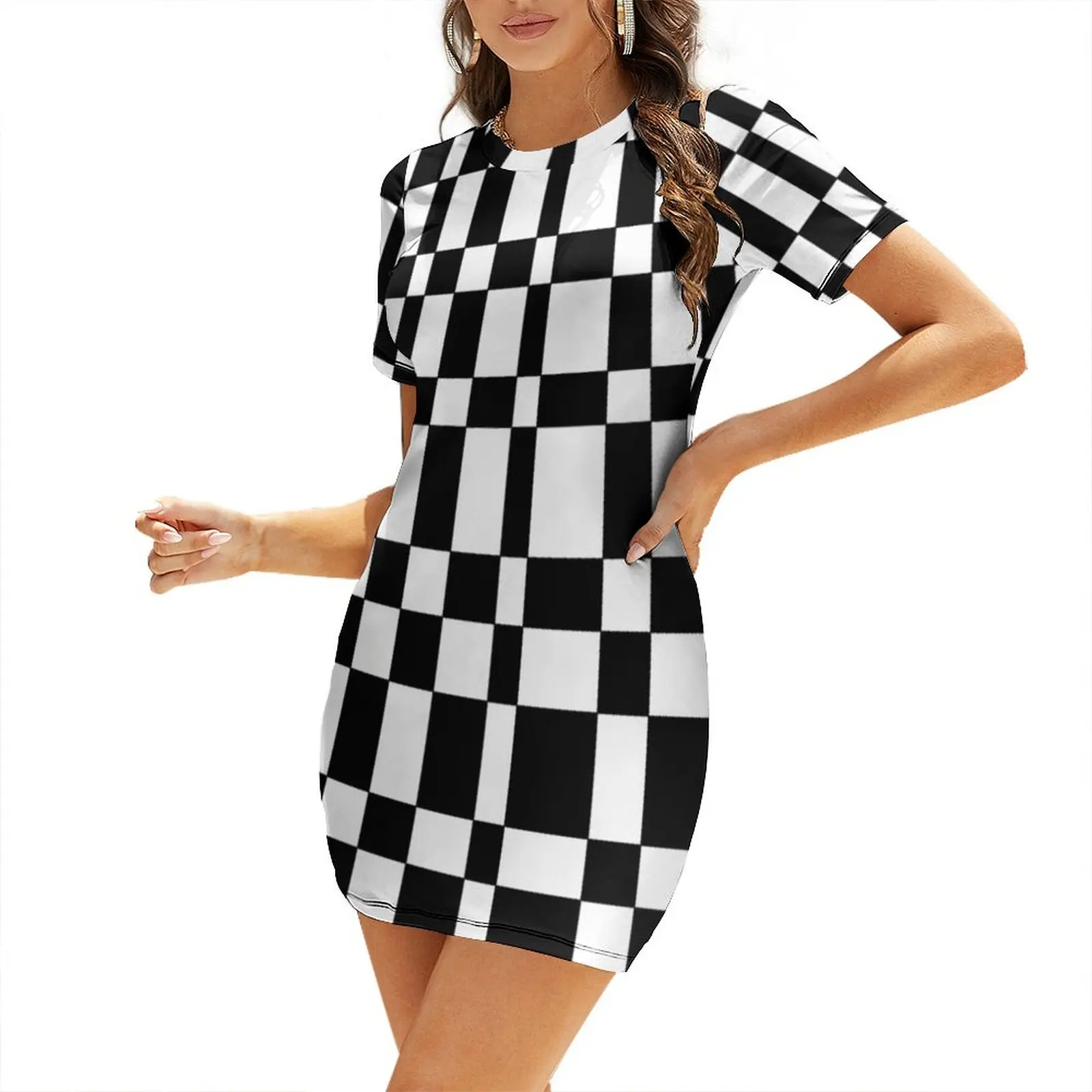 

Abstract Black and White Checks Pattern Short Sleeved Dress Woman's evening dress elegant dresses plus sizes beach dress