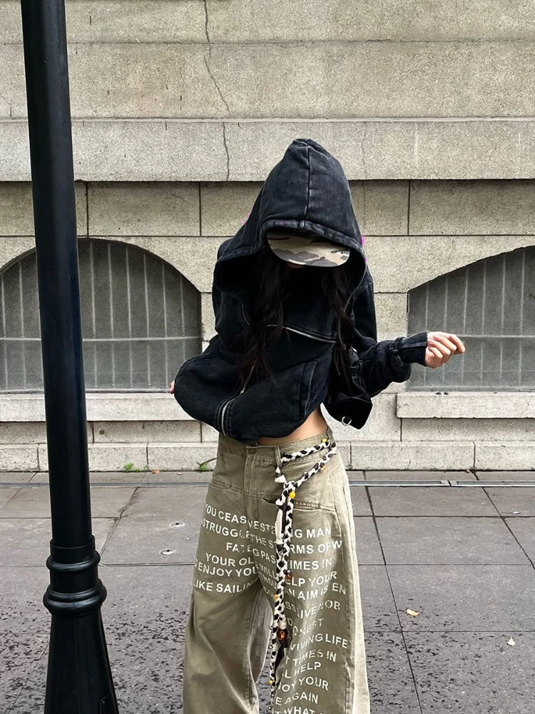 Cappotto da donna estetico vintage Y2k con cerniera Tasche in puro colore Felpa con cappuccio High Street Chic Asimmetrico Capispalla femminile Autunno Inverno