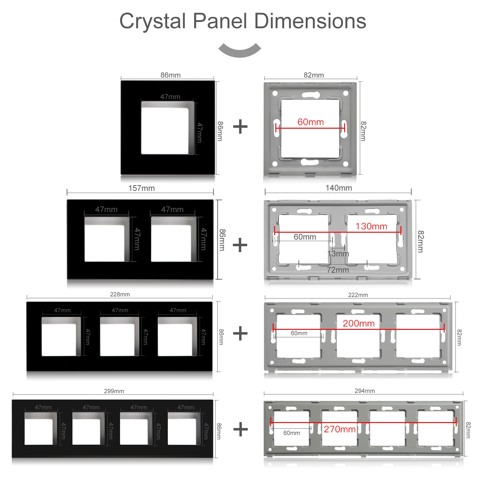 Bseed 157mm 1 Gang 2 Gang Glass Panel Only White Black Gold Grey Color EU Standard Pearl Crystal Glass