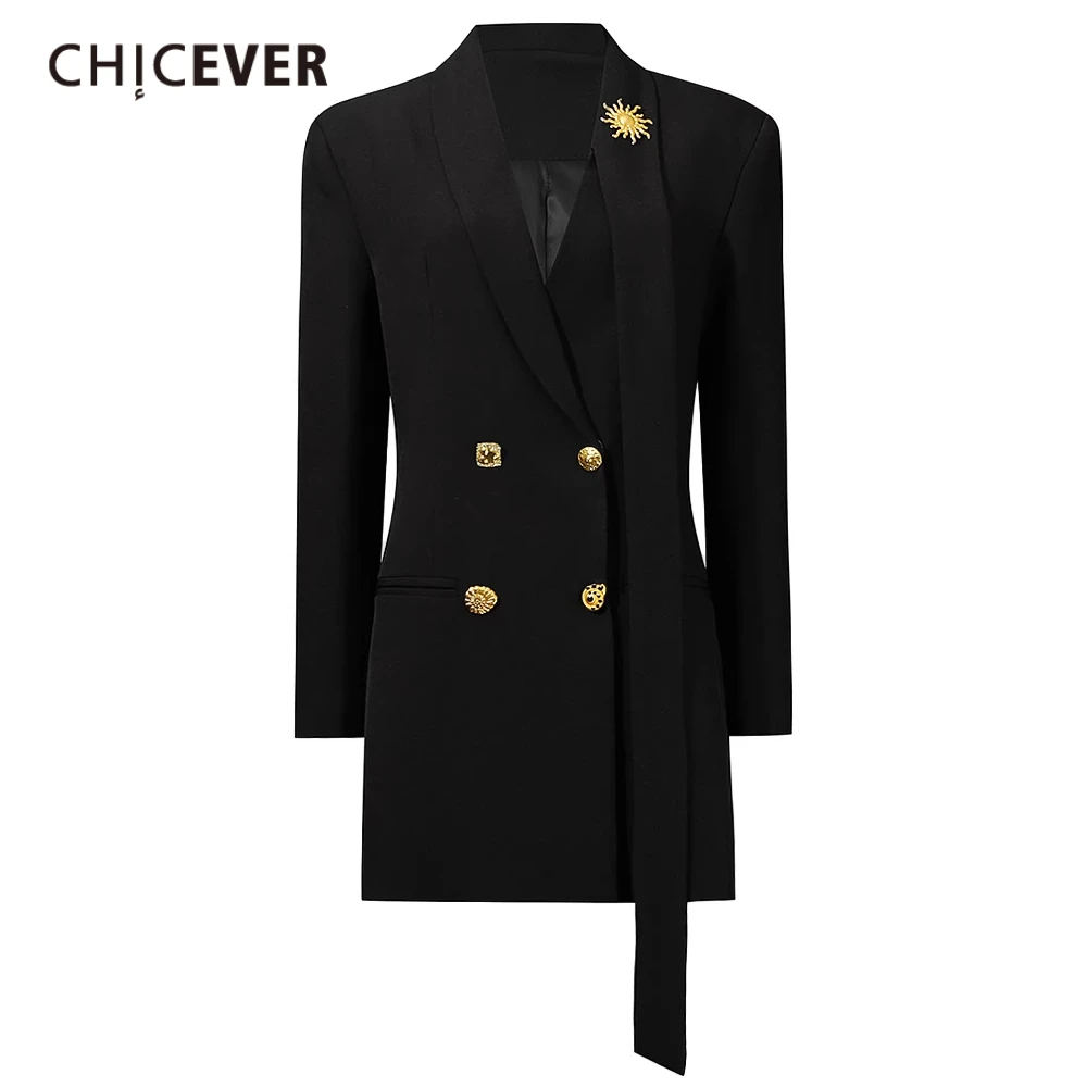 CHICEVER Solid Slimming Spliced Metal Buttons Fashion Blazer for Women Lapel Long Sleeves Patchwork Ribbon Blazers Female New