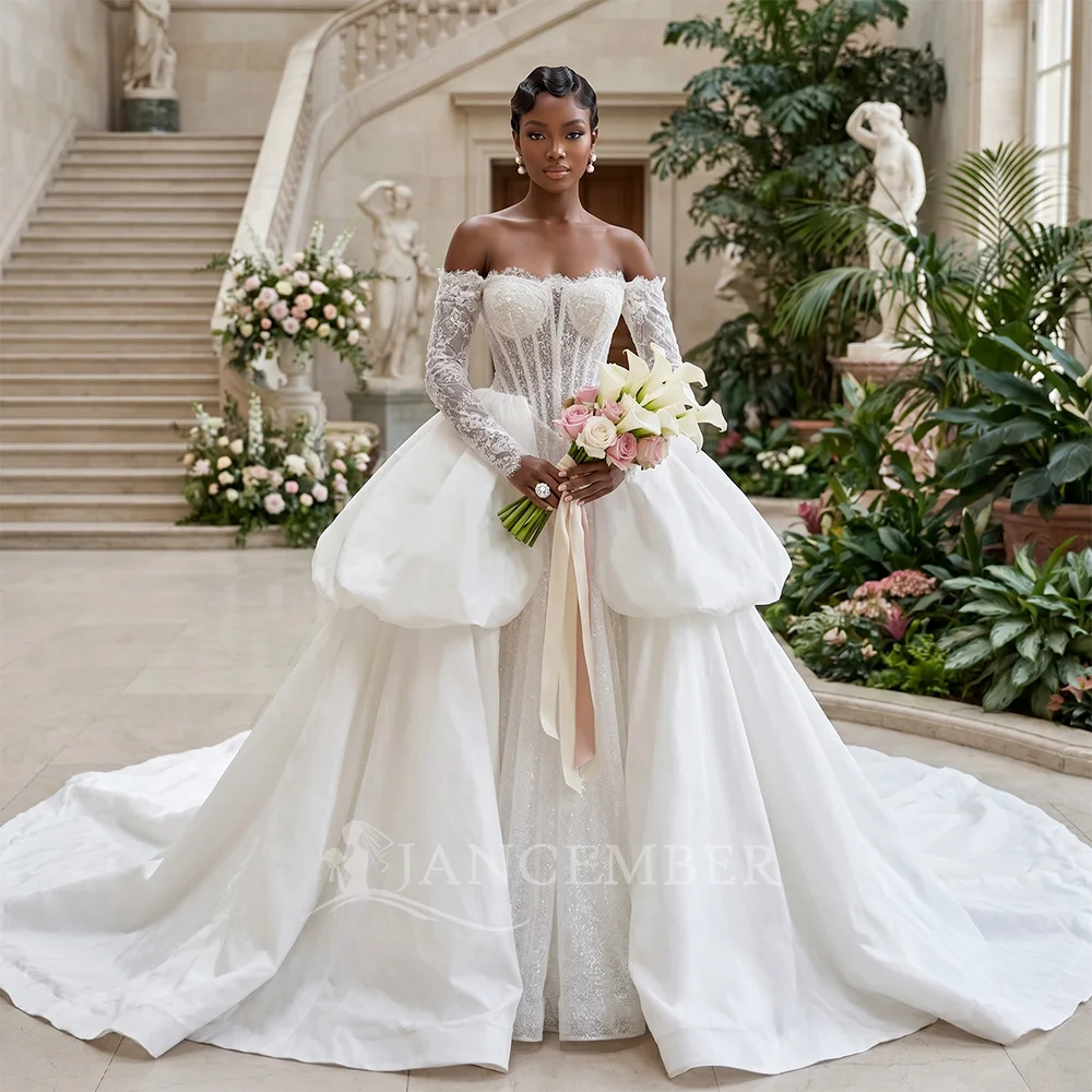 Court Train Customzied Luxury A-line Wedding Dress Exquisite Boat Neck Long Sleeves Bridal Gown Bride Dresses فساتين حف