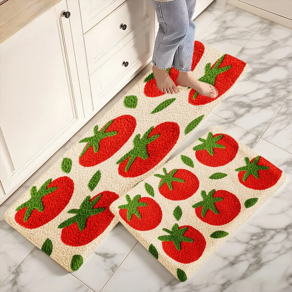 3PCS Mat Set,  Home Decoration for Front Door, Kitchen,  Tomato Pattern With Green Leaves On Cream Background Kitchen Rug.