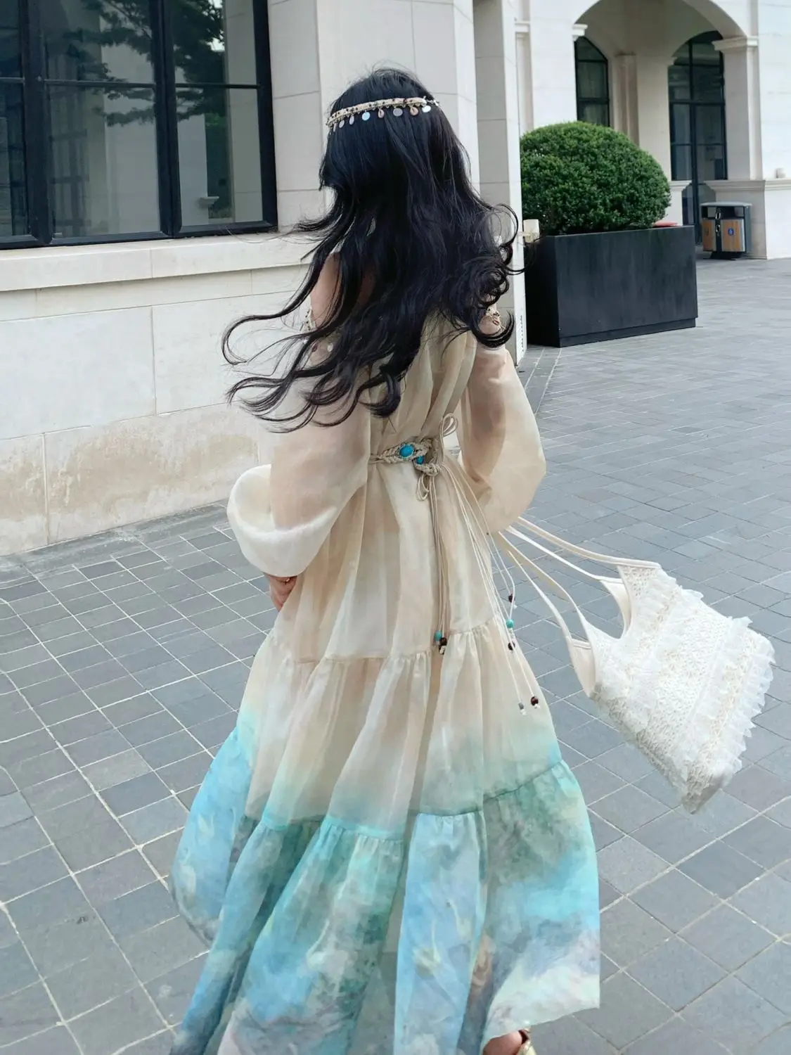 Vacation Retro Exotic Style Temperament Off the Shoulder Gradient Dyed Shell Sequin Dress