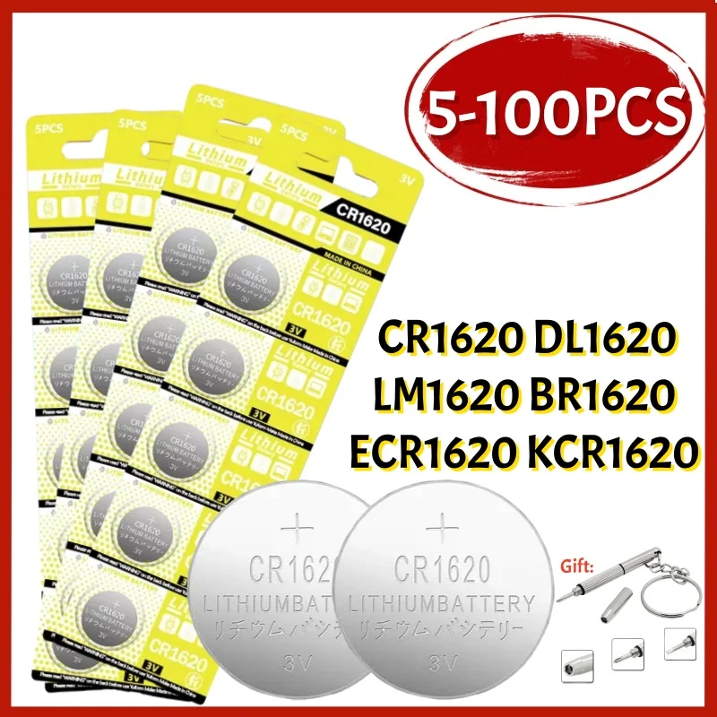 5-100pcs CR1620 3V Lithium Battery High-Capacity 70mAh LM1620 BR1620 ECR1620 KCR1620 1620 5009LC Coin Cells Watch Toys Batteries