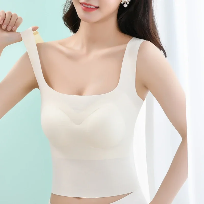 Seamless Ice Silk Square Collar Wide Shoulder Vest Women's Semi-fixed Thickened Cup Push-up Comfortable Tube Top Underwear