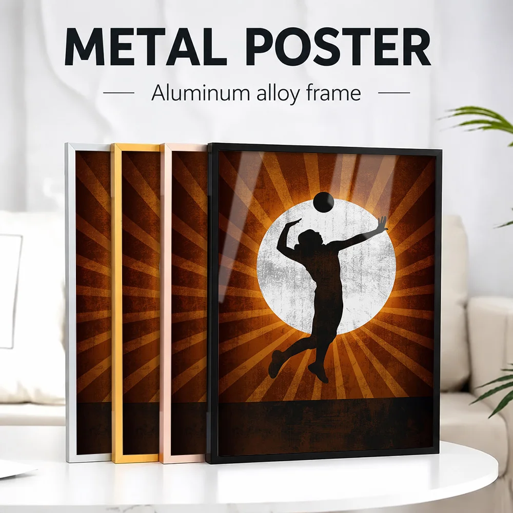 Volleyball Player Silhouette Framed Aluminum Metal Poster Customized Photo Energetic Graphic Style Wall Art For Gym And Office