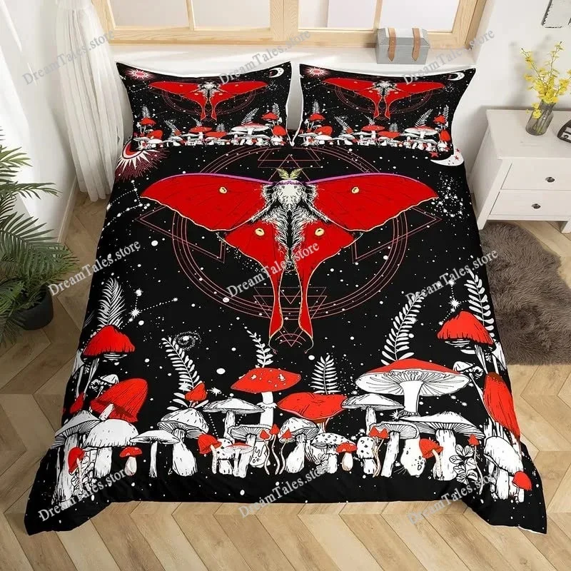 Butterfly and Death Moth Duvet Cover Queen Gothic Skull Flower Star Sky Moon Bedding Set Polyester Boho Exotic Black Quilt Cover