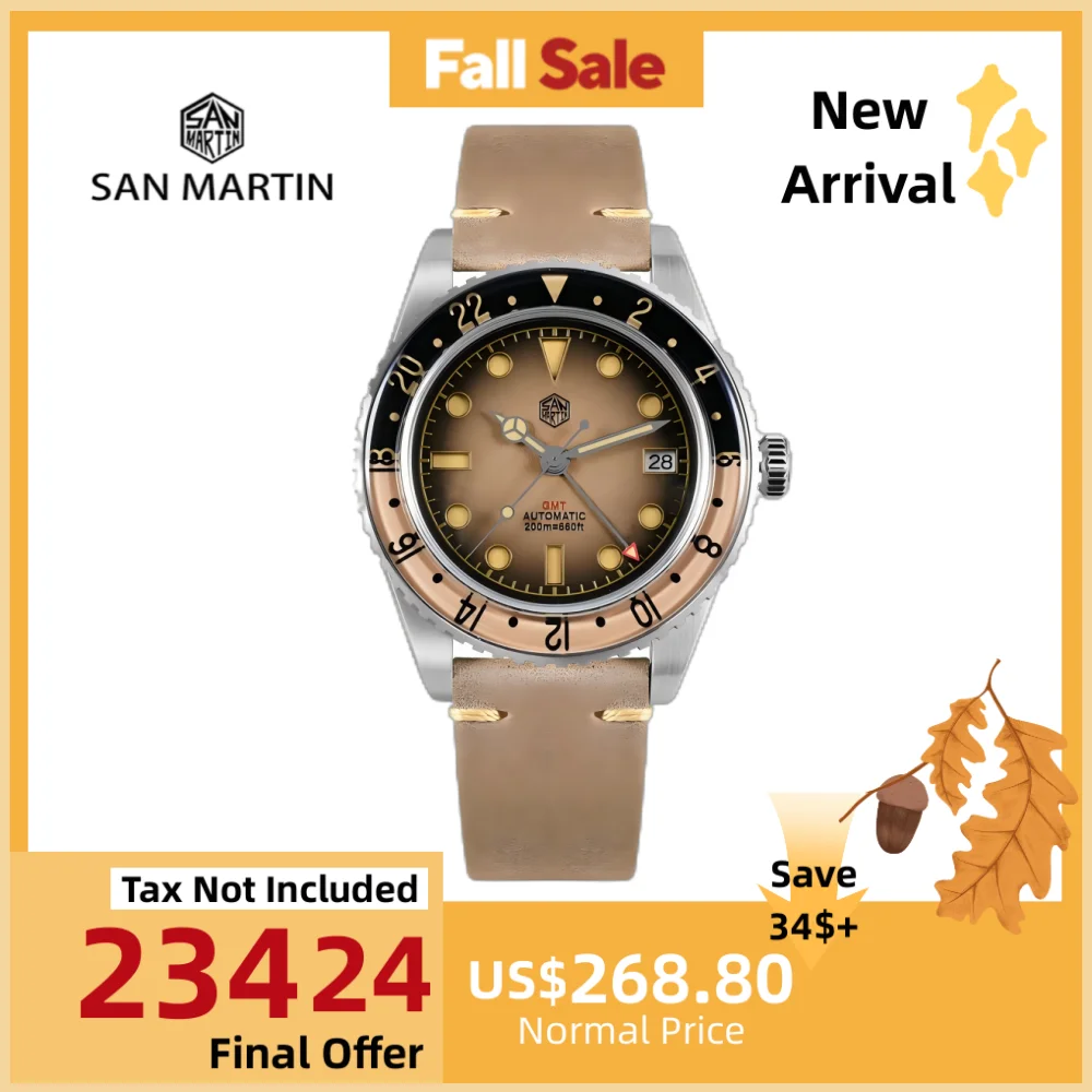 

San Martin 40mm NH34 Retro Gradient Color Dial Men's GMT Watch Automatic Mechanical Sapphire Bezel 20Bar C3 Green Lume SN0134