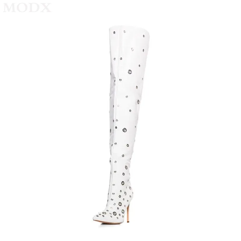 

New Ultra High Heel Pointed Toe Stiletto Metal Hollow Thigh-high Boots Fashion Sexy Slim Nightclubs Elegant Over The Knee Boots