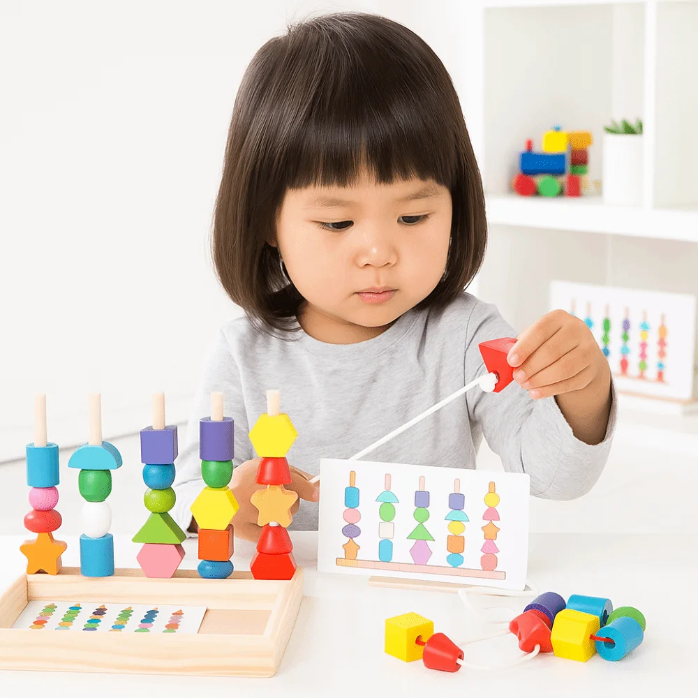 Geometric Color Shape Cognition Toys Interactive Montessori Stacks Blocks Puzzle Game DIY Portable Wooden Beads Sequencing Toy