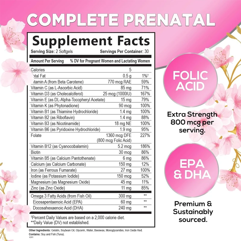 Prenatal multivitamins containing folic acid, iron, DHA, vitamin C, E - mineral supplements, 60 vegetarian soft capsules