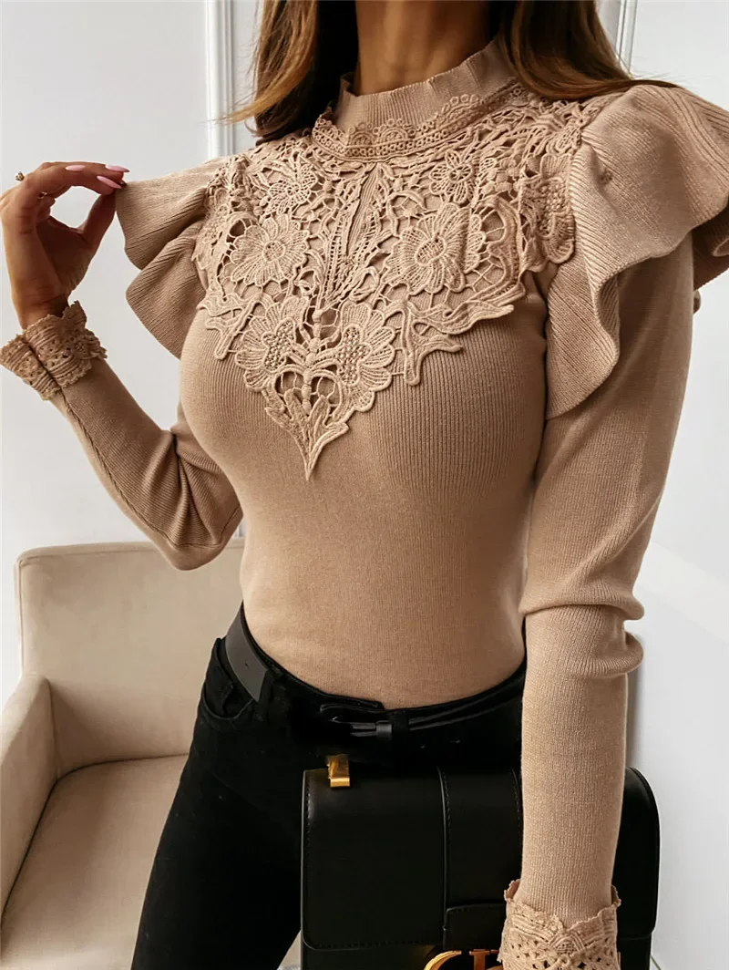 Long Sleeved Woman Bloues Fashion Round Neck Lace Bottom Shirt New Casual Skinny Pullover Tops Women Clothes 2024 Autumn Winter