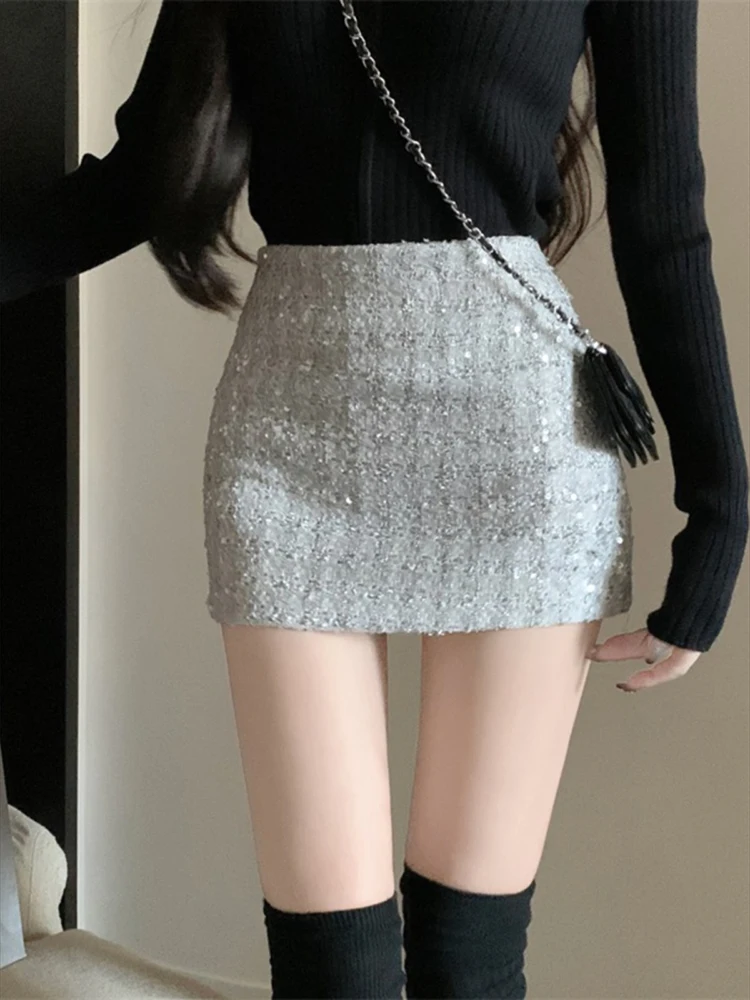 

Tweed Sequins Skirts Women Sexy Small Fragrance Slim Wrap Hip Mini Skirt Korean Style A-line All Match Y2k Clothes Ins