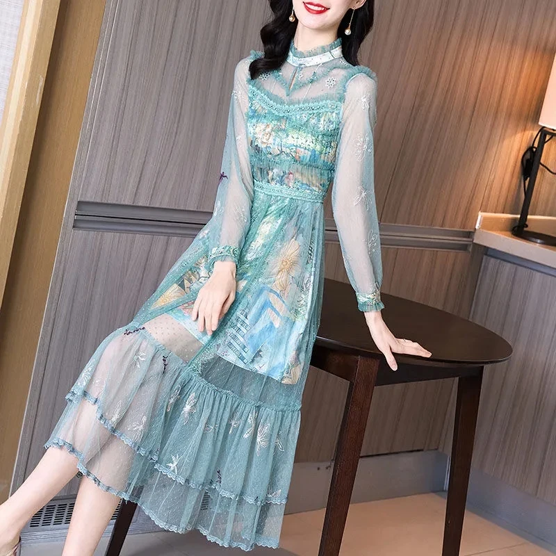 2022 Large women's dress early spring new high-end long skirt temperament super fairy retro ruffle mesh dress