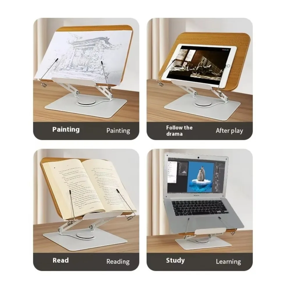 Durable Adjustable Desktop Book Stand with 360° Rotating Base Elastic Page Clips Reading Book Holder Foldable Reading Rack
