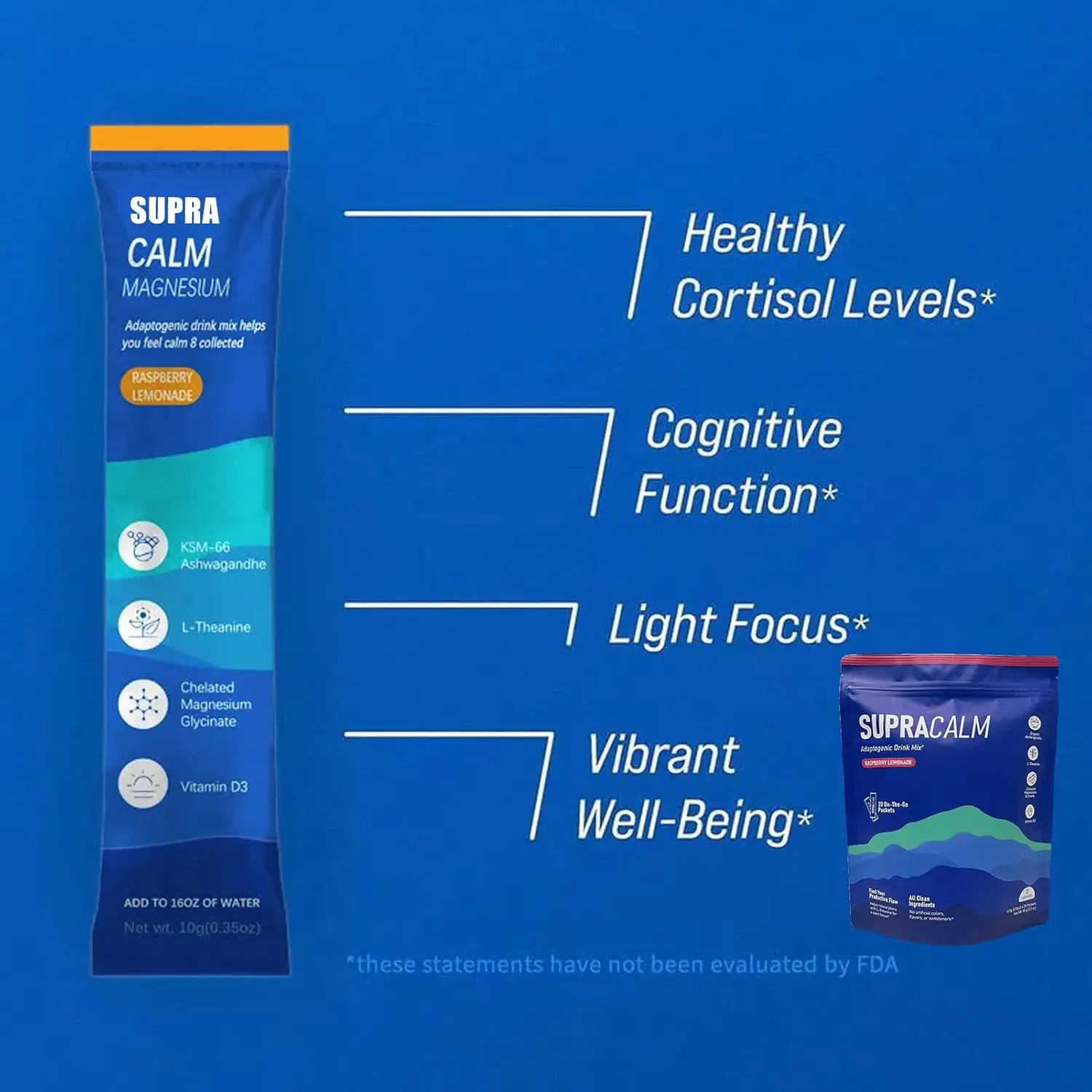 SupraCalm Raspberry Lemonade Adaptogenic Drink Mix Supplements for Relaxation & Focus No Artificial Colors or Sweeteners (20)