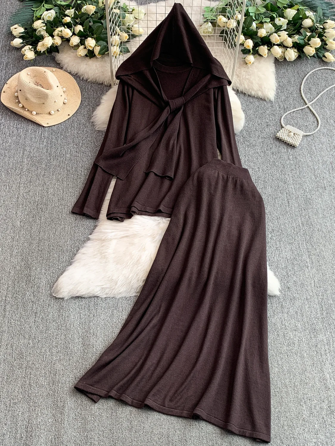 ay Simple Knitted Long Sve Hat oulder awl round Ne High Waist  Skirt Set Faionable Slimming Ensemble for Women